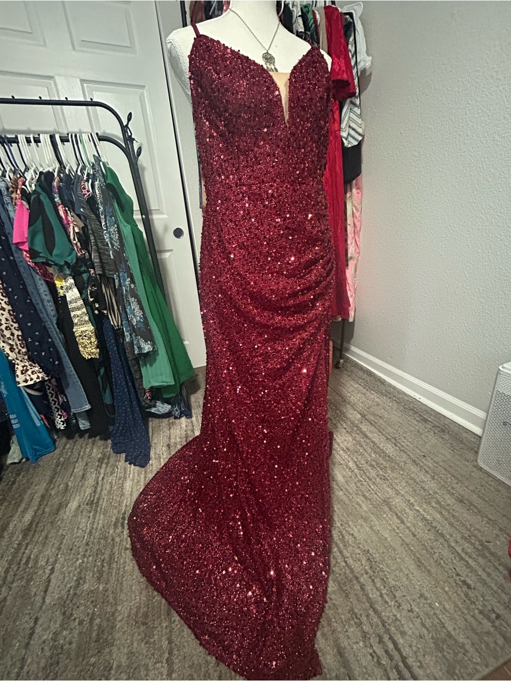 JVN by Jovani Burgundy Sequin V-Neck Evening Gown